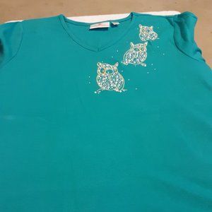 Women's Blue SS Top W/Owls Quacker Factory XL